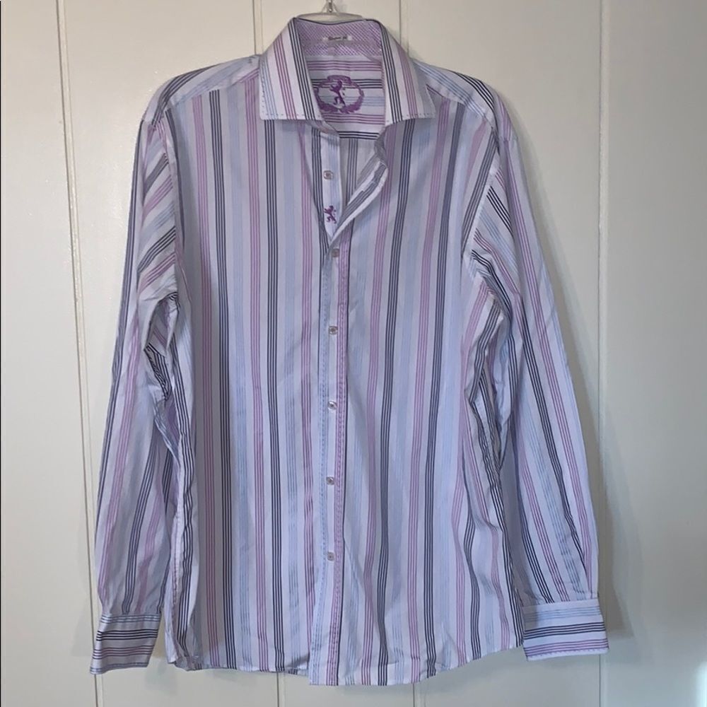 Bugatchi blue, purple & white striped shirt